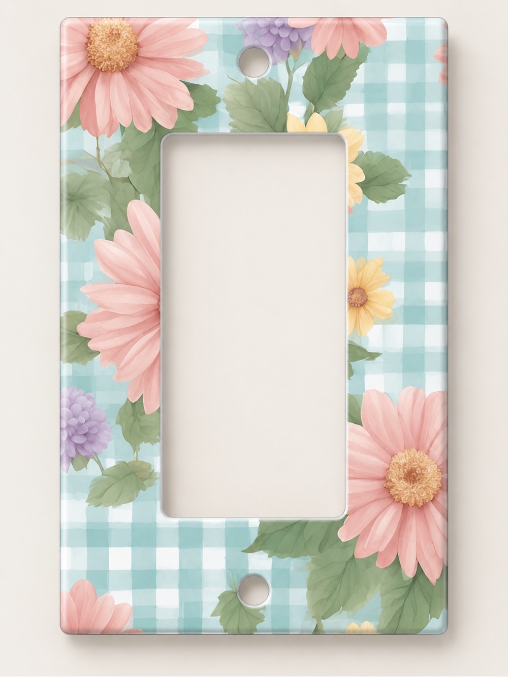 Handmade Pink Daisy Floral Gingham Single Rocker Switch Cover Plate